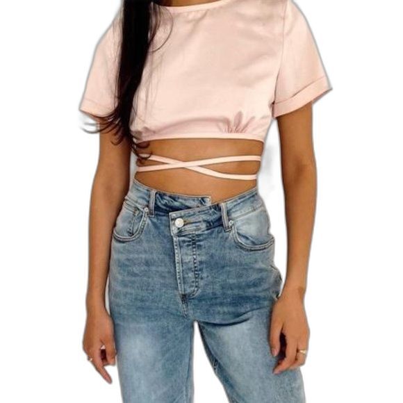 Tulum Sunrise Pink Satin Wrap Crop Top Size Large Short Sleeve Blouse - Picture 2 of 15